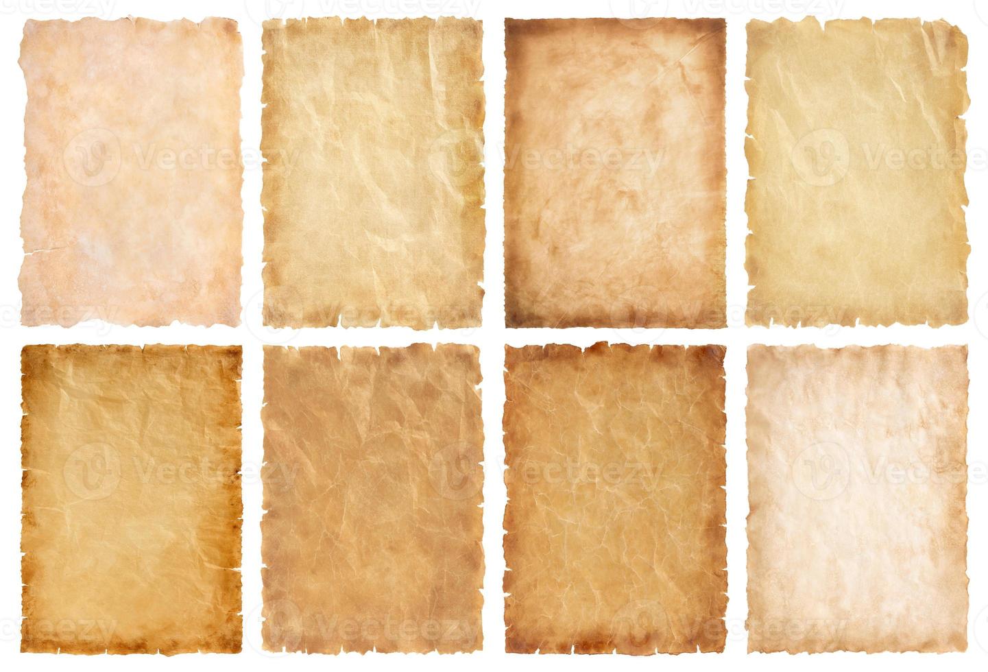 collection set old parchment paper sheet vintage aged or texture isolated on white background photo