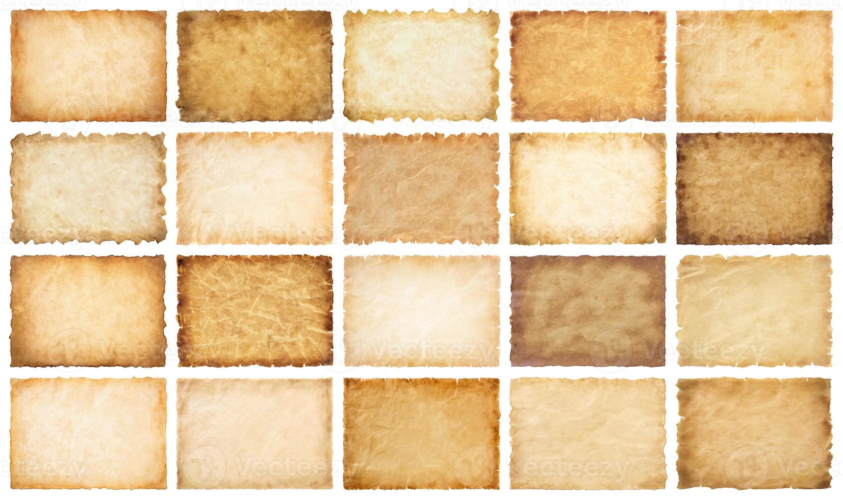 collection set old parchment paper sheet vintage aged or texture isolated on white background photo