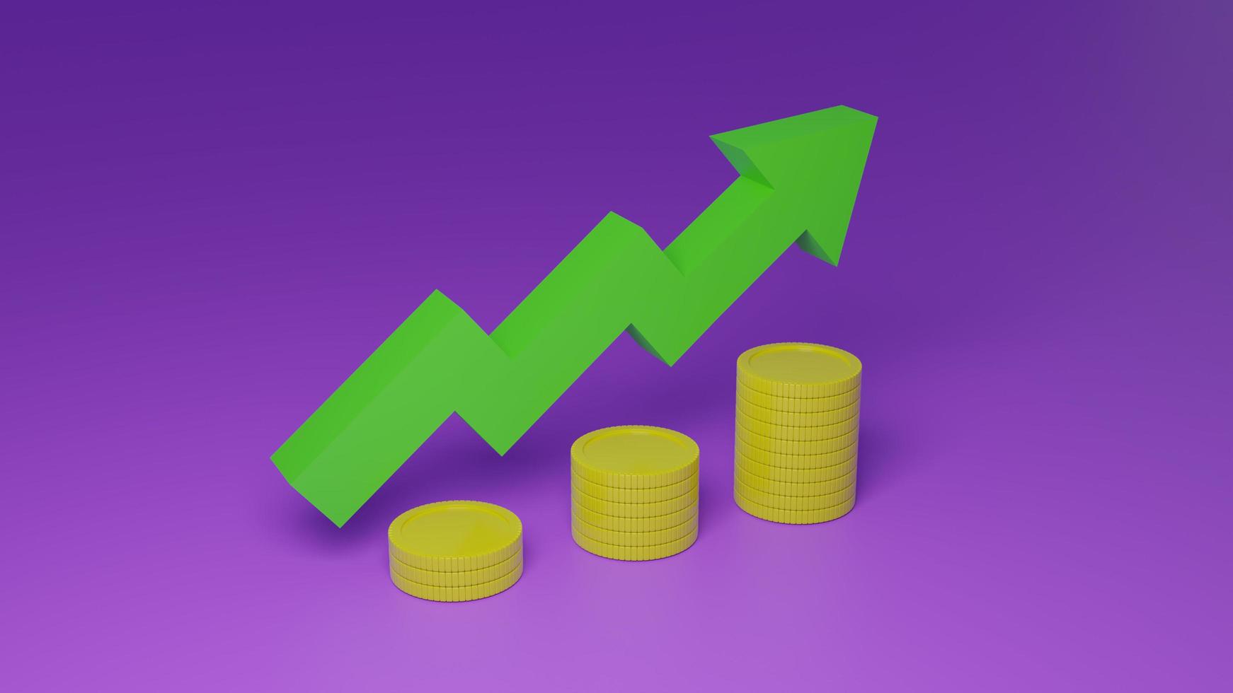 3D money coin stacks and green arrow up on purple background. coin stack growing business concept, 3d money render for finance, investment, money earning growth illustration concept photo