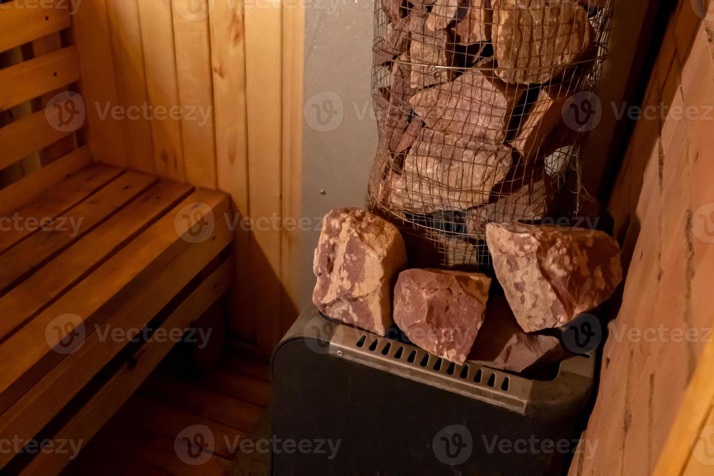 Interior details of traditional Finnish sauna steam room. Traditional old Russian bathhouse SPA Concept. Relax country village bath concept. photo