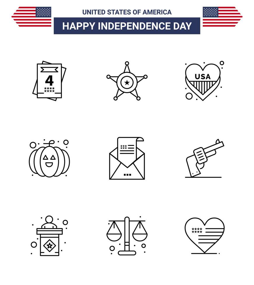 Stock Vector Icon Pack of American Day 9 Line Signs and Symbols for invitation envelope heart email pumpkin Editable USA Day Vector Design Elements