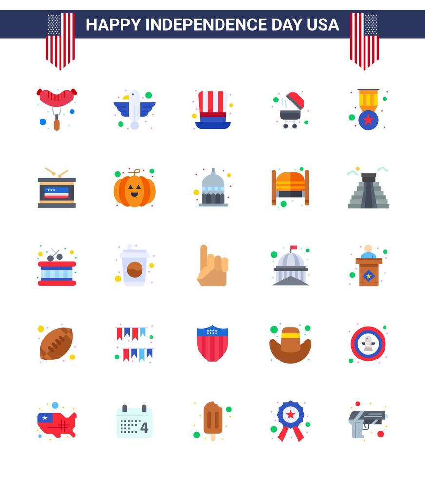 Paquete plano de 25 estados unidos de signos y símbolos del día de la independencia de la parrilla del día de la concesión de la medalla elementos de diseño vectorial editables del día de estados unidos vector