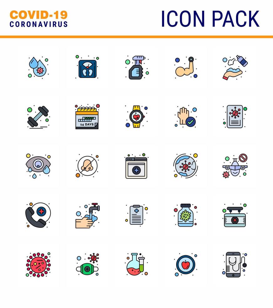 Coronavirus Prevention Set Icons 25 Flat Color Filled Line icon such as muscle arm machine layer bottle viral coronavirus 2019nov disease Vector Design Elements
