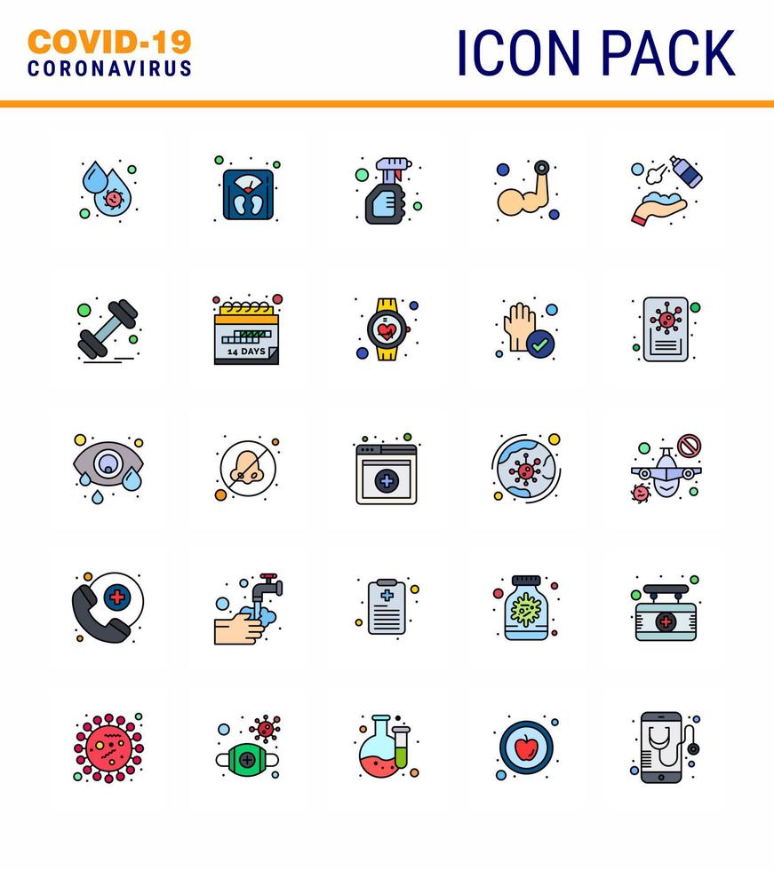 iconos de conjunto de prevención de coronavirus 25 icono de línea llena de color plano, como botella de capa de máquina de brazo muscular coronavirus viral 2019nov elementos de diseño de vector de enfermedad