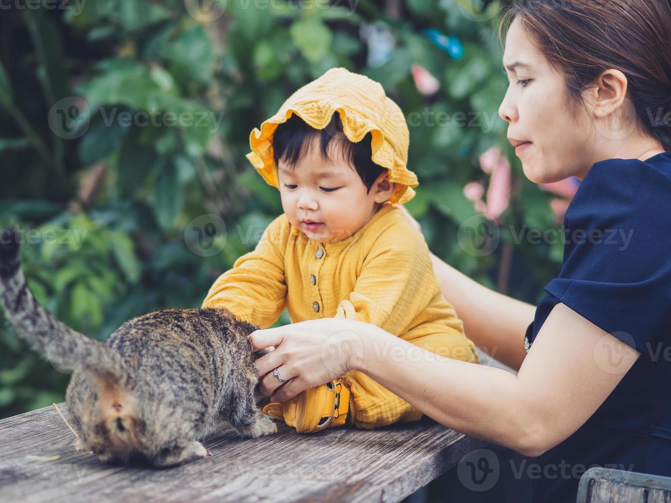 Asian mother and son of Thai nationality and nature at De mala Cafe, Thung Saliam, Sukhothai, Thailand. photo