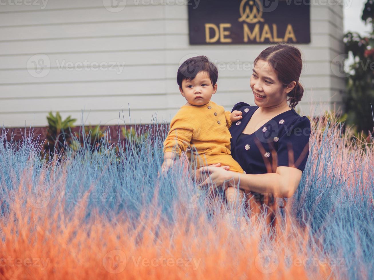 Asian mother and son of Thai nationality and colorful grass at De mala Cafe, Thung Saliam, Sukhothai, Thailand. photo