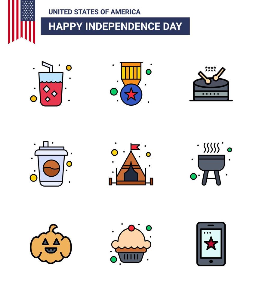 9 Creative USA Icons Modern Independence Signs and 4th July Symbols of camping soda drum drink bottle Editable USA Day Vector Design Elements