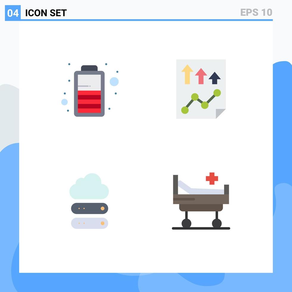 Set of 4 Commercial Flat Icons pack for battery cloud data paper storage Editable Vector Design Elements