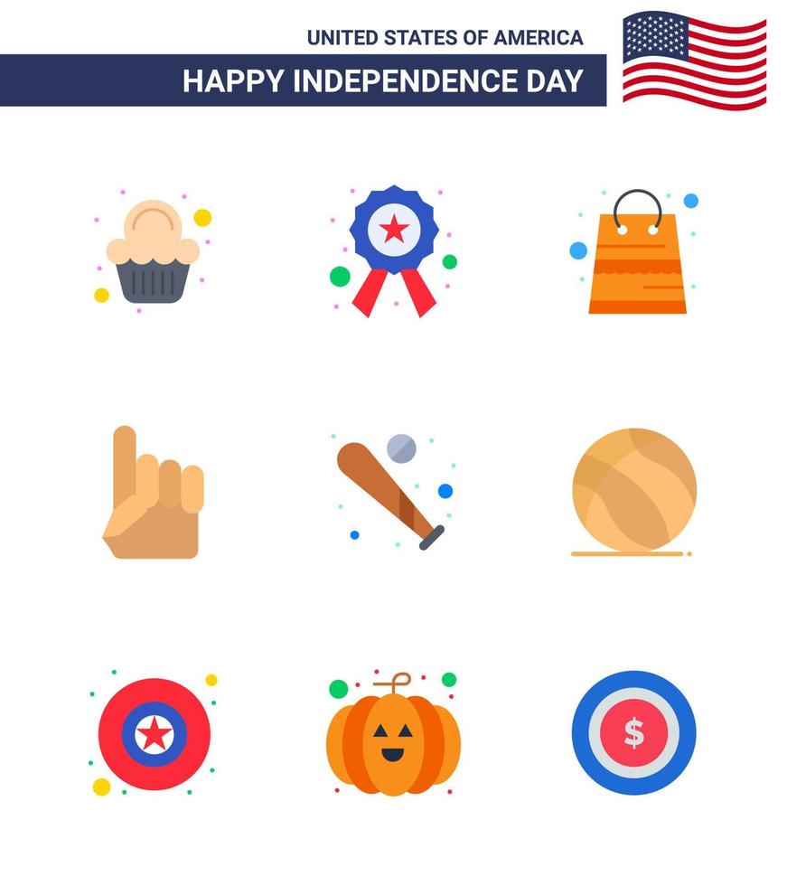 paquete de 9 pisos creativos relacionados con el día de la independencia de estados unidos de béisbol bolsa americana estados unidos espuma elementos de diseño vectorial del día de estados unidos editables a mano vector