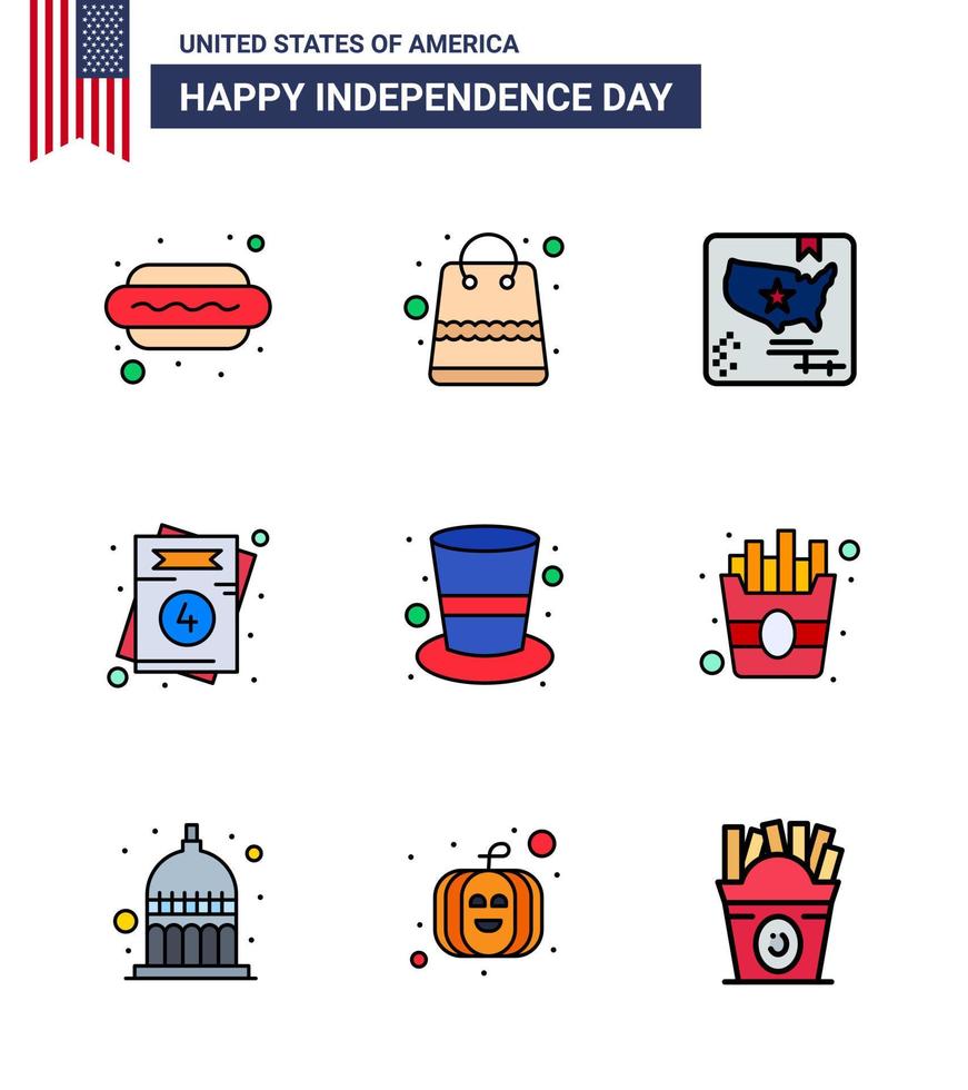 USA Independence Day Flat Filled Line Set of 9 USA Pictograms of cap wedding american usa invitation Editable USA Day Vector Design Elements