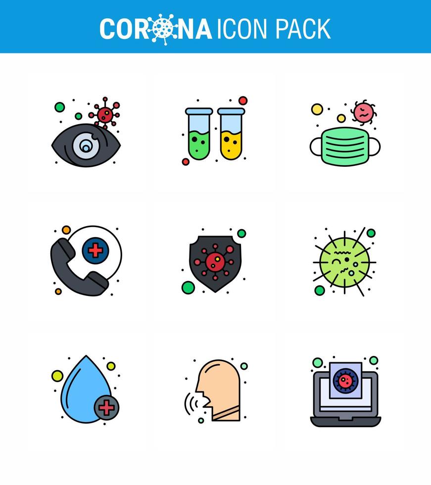 iconos de conjunto de prevención de coronavirus 9 icono de color plano de línea rellena como protección de escudo médico de servicio facial de guardia coronavirus viral 2019nov elementos de diseño de vector de enfermedad