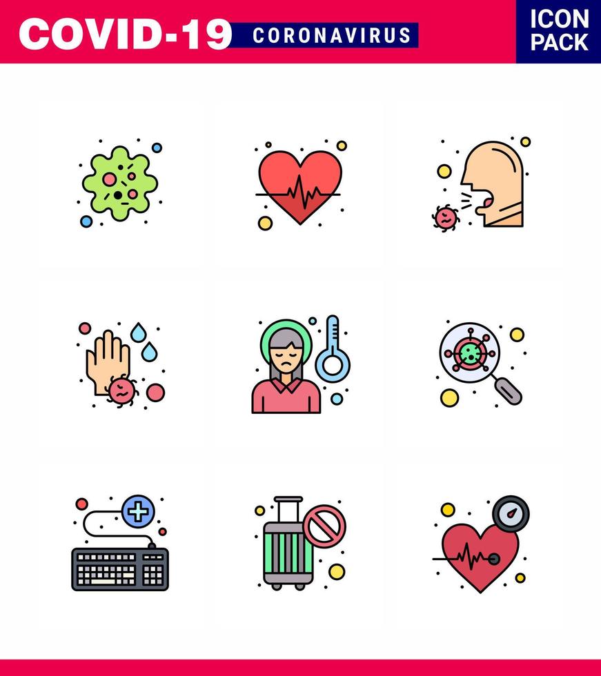 9 Filled Line Flat Color Set of corona virus epidemic icons such as water drop soap cough hand sick viral coronavirus 2019nov disease Vector Design Elements