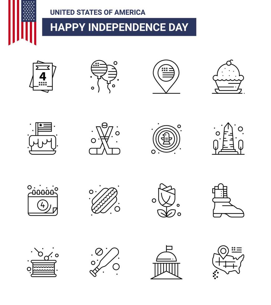 Set of 16 Vector Lines on 4th July USA Independence Day such as cake thanksgiving location sweet dessert Editable USA Day Vector Design Elements