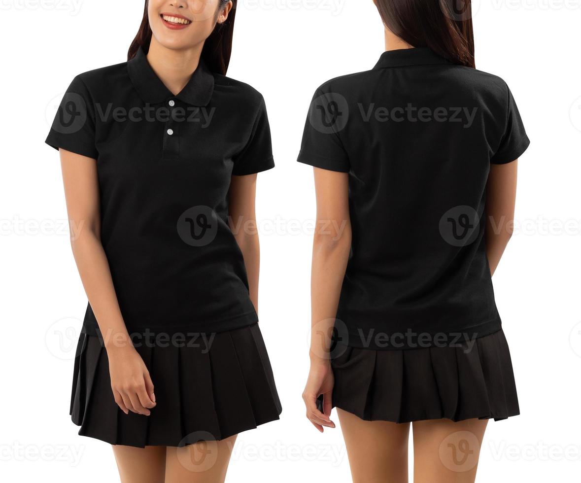 Young woman in black polo shirt mockup isolated on white background with clipping path photo