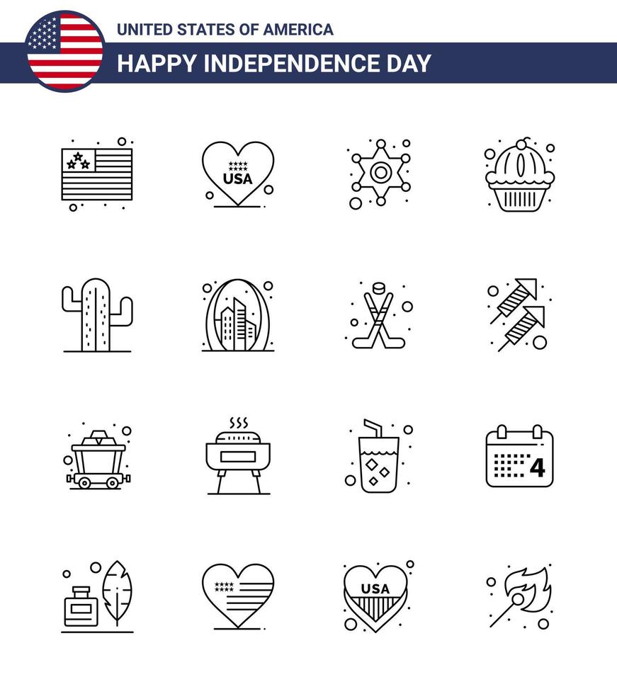 Editable Vector Line Pack of USA Day 16 Simple Lines of plent cactus police cake muffin Editable USA Day Vector Design Elements