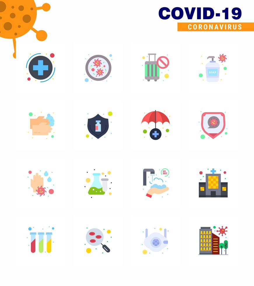 16 Flat Color viral Virus corona icon pack such as wash hand wash cancel hand wash cream viral coronavirus 2019nov disease Vector Design Elements