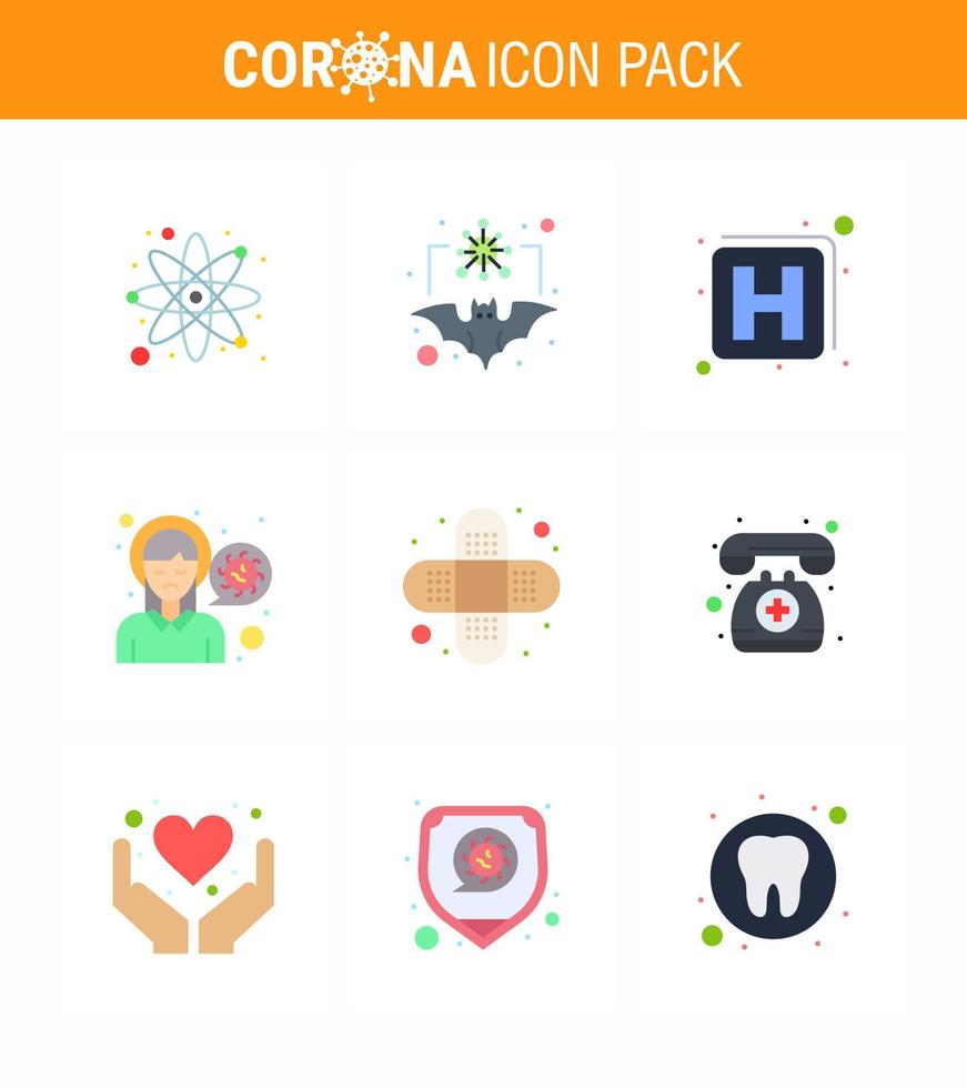 Corona virus disease 9 Flat Color icon pack suck as aid sick virus pain head viral coronavirus 2019nov disease Vector Design Elements