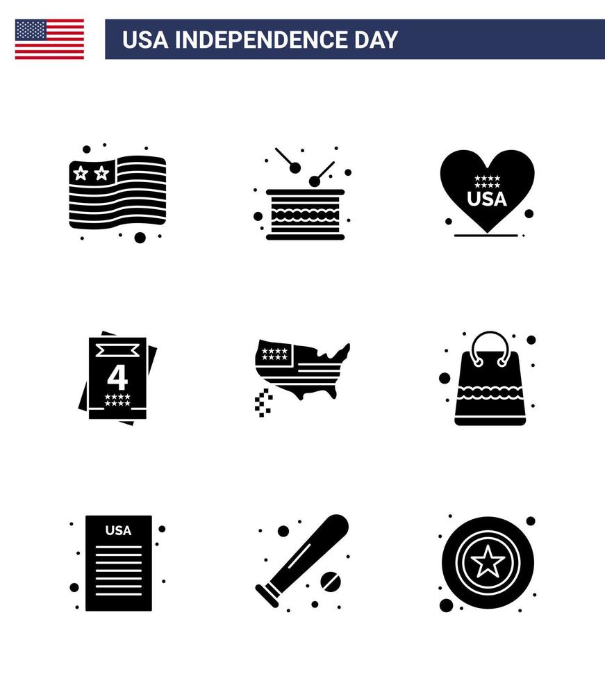 Set of 9 Vector Solid Glyphs on 4th July USA Independence Day such as thanksgiving american heart wedding invitation Editable USA Day Vector Design Elements