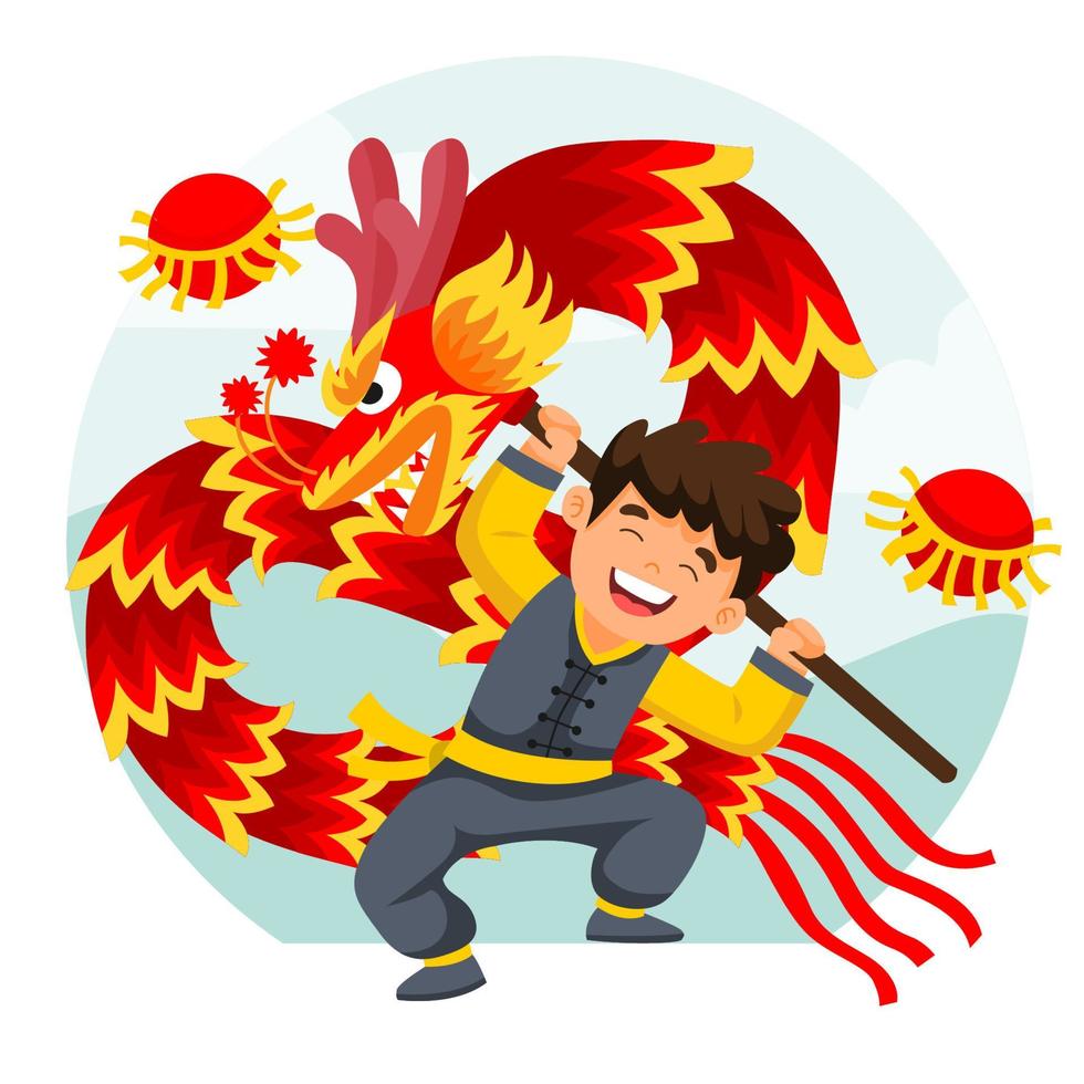 Kid Perform Dragon Dance in China New Year Festival vector