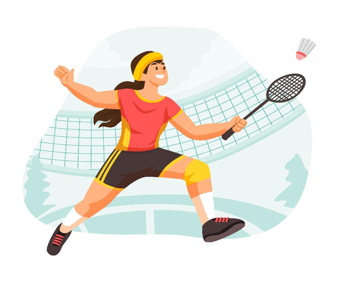 concepto de pose de personaje de bádminton femenino vector