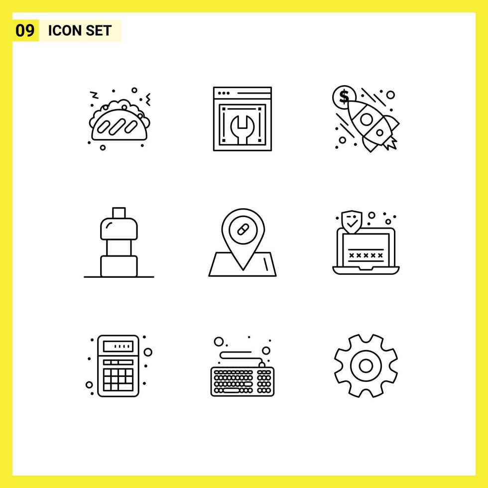 9 Universal Outlines Set for Web and Mobile Applications password location launch medical drink Editable Vector Design Elements