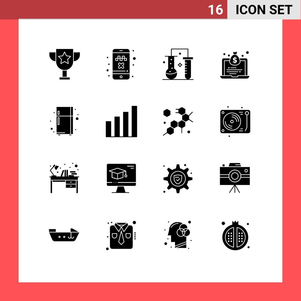 16 Universal Solid Glyphs Set for Web and Mobile Applications fridge money chemistry bag laptop Editable Vector Design Elements