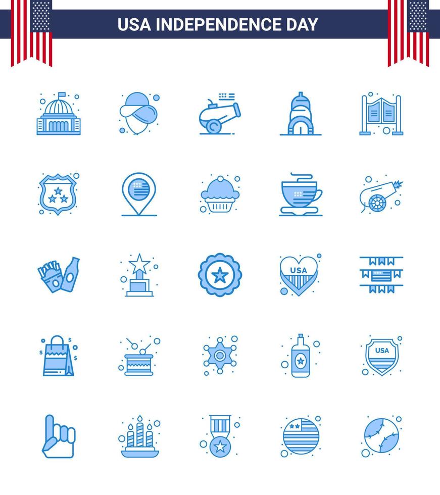 Editable Vector Blue Pack of USA Day 25 Simple Blues of saloon door big gun usa chrysler Editable USA Day Vector Design Elements