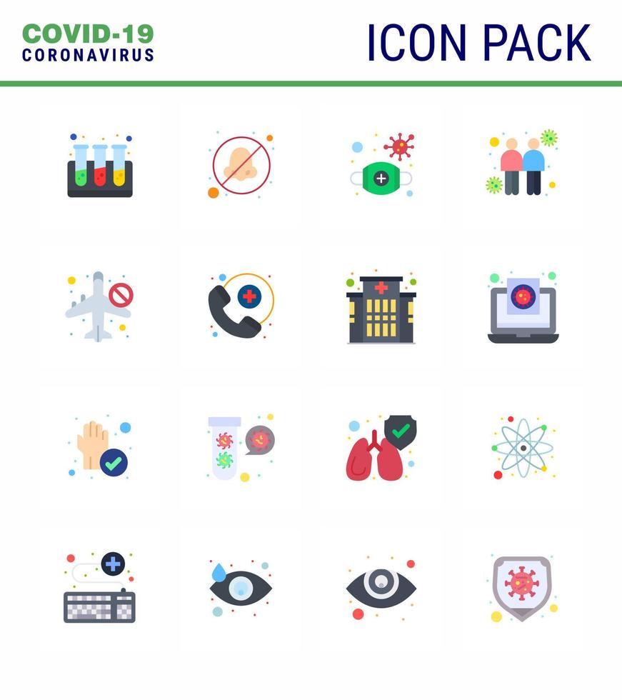 Coronavirus Precaution Tips icon for healthcare guidelines presentation 16 Flat Color icon pack such as travel transmitters mask touch coronavirus viral coronavirus 2019nov disease Vector Design