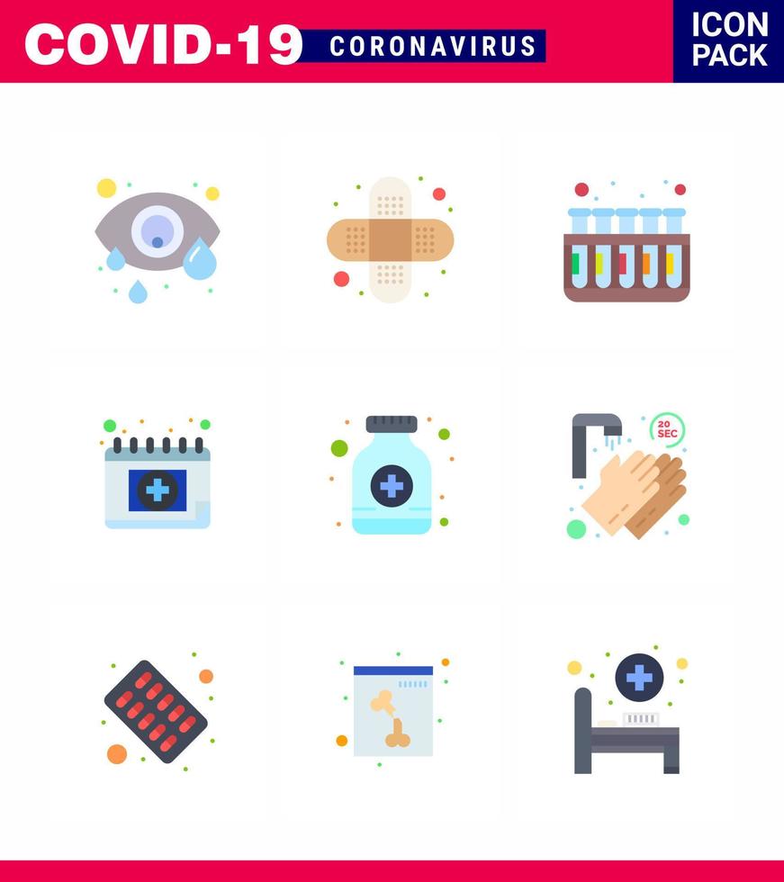 iconos de conciencia de coronavirus 9 icono de color plano relacionado con la gripe del virus de la corona, como pastillas de botella de jarabe, calendario de prueba, coronavirus viral 2019nov, elementos de diseño de vectores de enfermedad