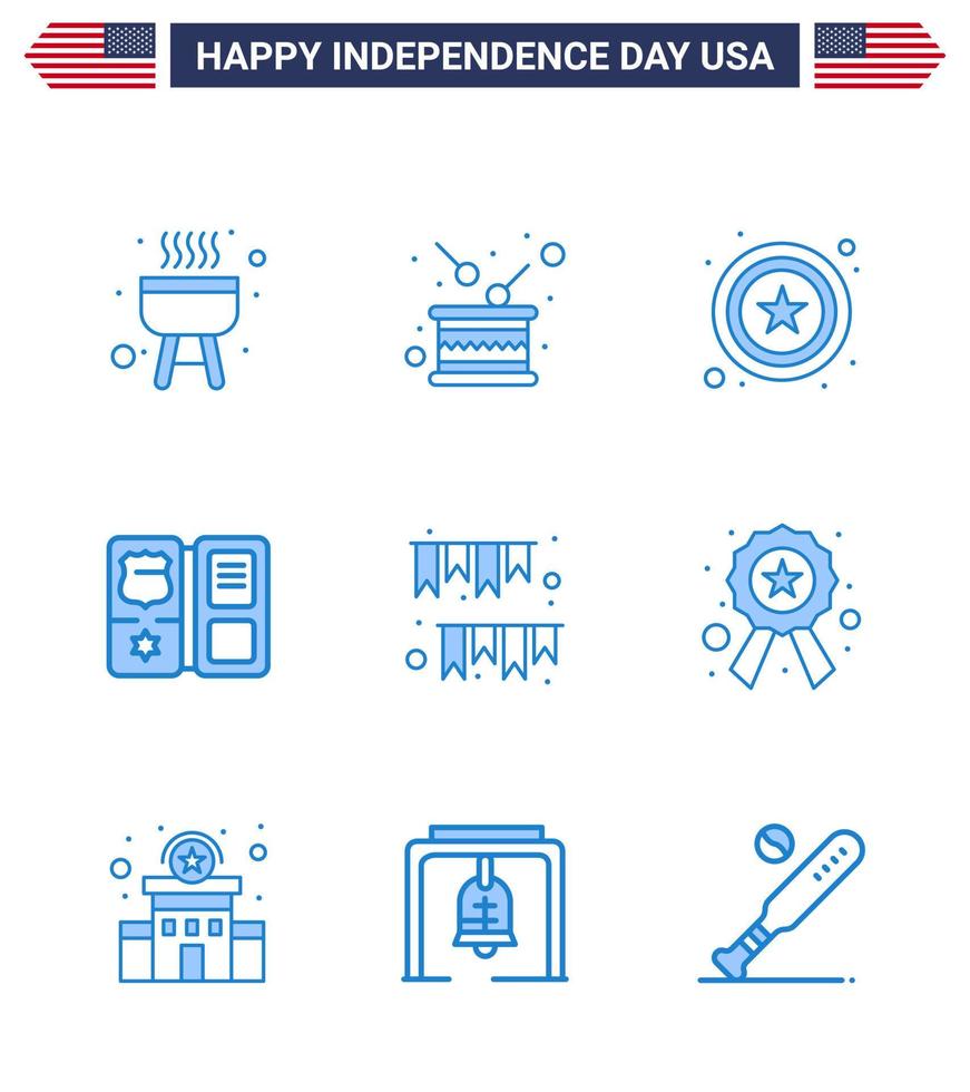 Pack of 9 USA Independence Day Celebration Blues Signs and 4th July Symbols such as buntings american day police star shield Editable USA Day Vector Design Elements