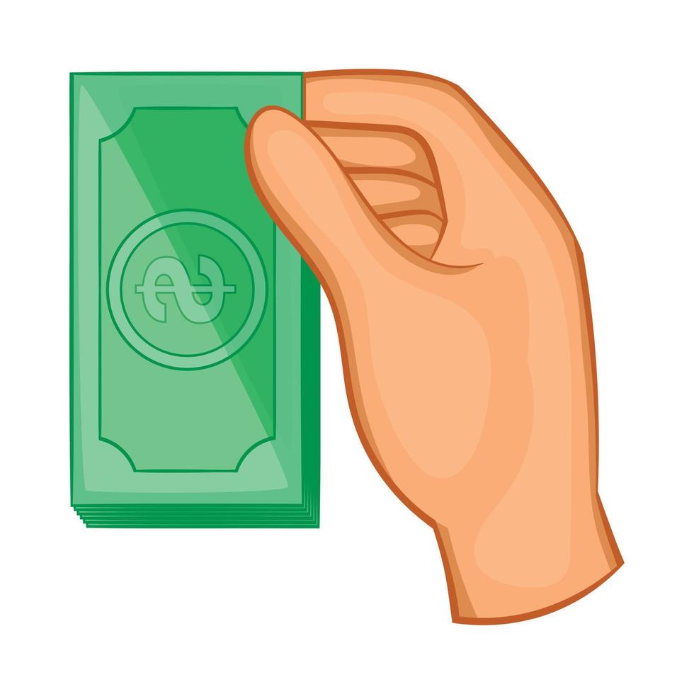 mano que sostiene el icono de billetes de dólar, estilo de dibujos animados vector