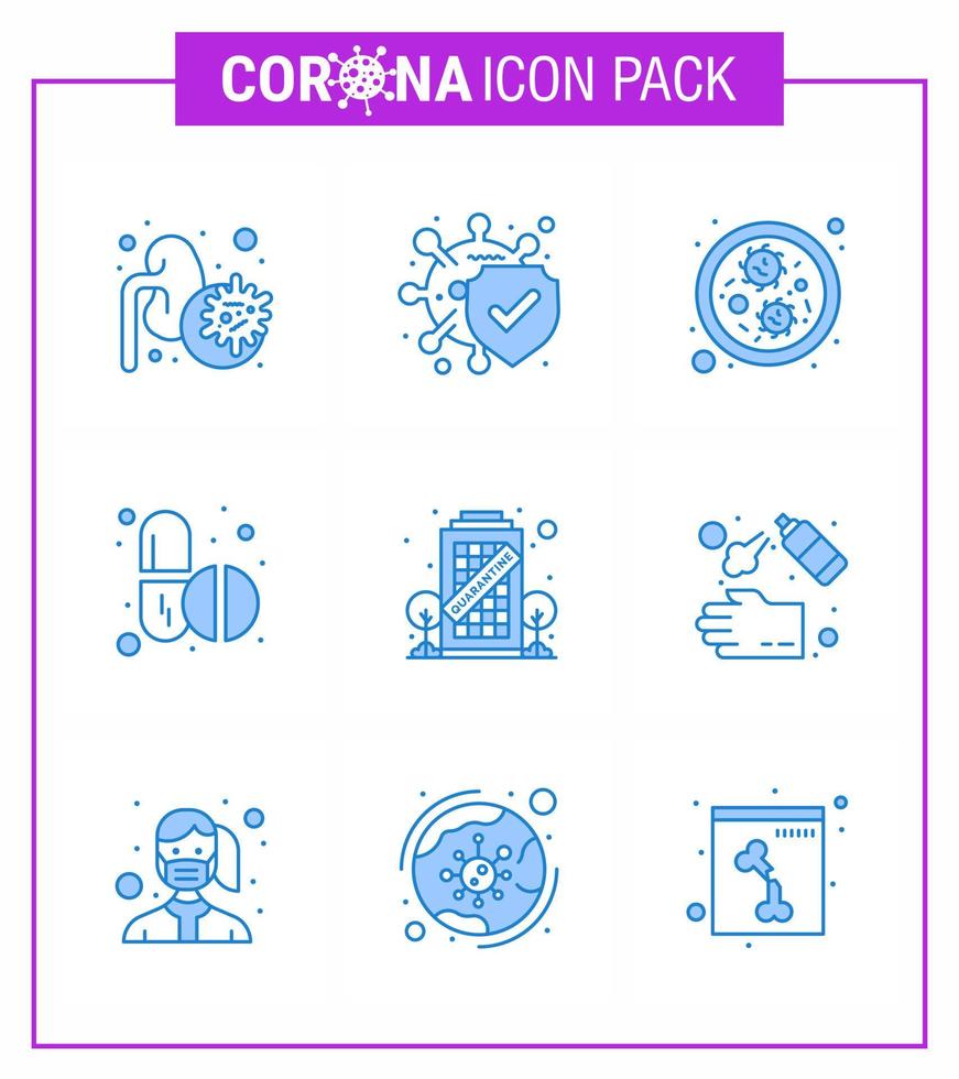 9 Blue Coronavirus disease and prevention vector icon quarantine building bacteria capsule pills viral coronavirus 2019nov disease Vector Design Elements