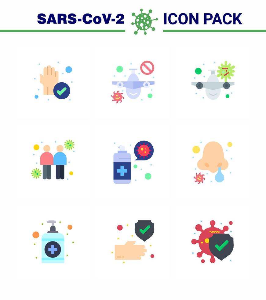 9 Flat Color coronavirus epidemic icon pack suck as cleaning touch airplane spread virus viral coronavirus 2019nov disease Vector Design Elements