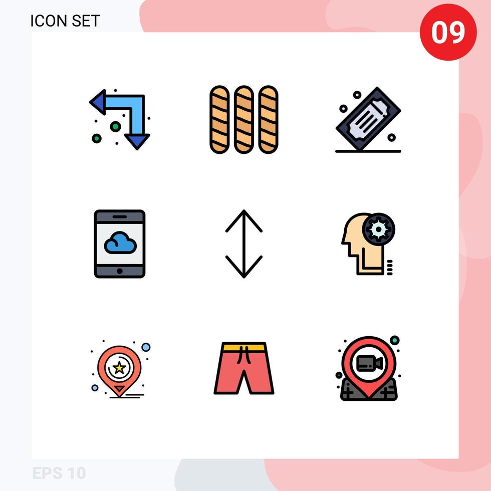 9 User Interface Filledline Flat Color Pack of modern Signs and Symbols of scale arrow movie raffle smartphone backup Editable Vector Design Elements