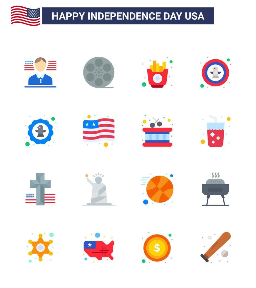 feliz día de la independencia paquete de 16 pisos signos y símbolos para la insignia de la bandera comida águila pájaro elementos de diseño vectorial del día de estados unidos editables vector