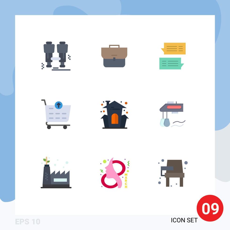 símbolos de iconos universales grupo de 9 colores planos modernos de celebración carrito de la compra chat conversaciones de comercio electrónico elementos de diseño vectorial editables vector