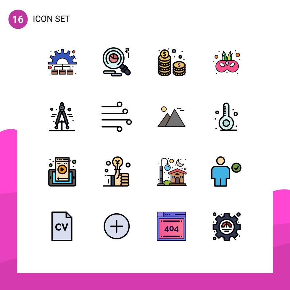 Pictogram Set of 16 Simple Flat Color Filled Lines of divider mask money carnival cinema Editable Creative Vector Design Elements