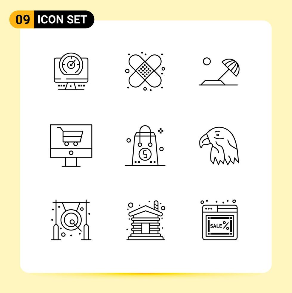 Pictogram Set of 9 Simple Outlines of dollar shop beach online cart Editable Vector Design Elements