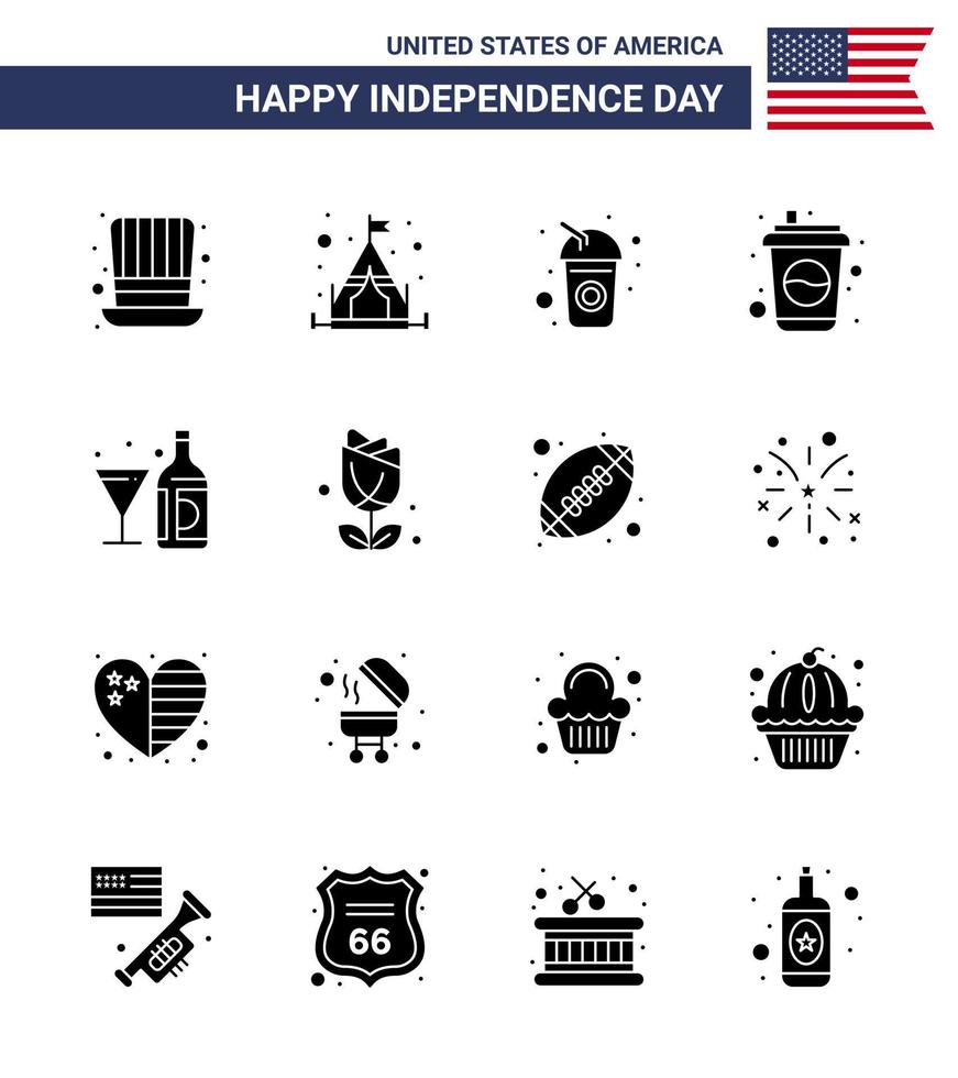 Group of 16 Solid Glyphs Set for Independence day of United States of America such as imerican glass cola bottle wine Editable USA Day Vector Design Elements