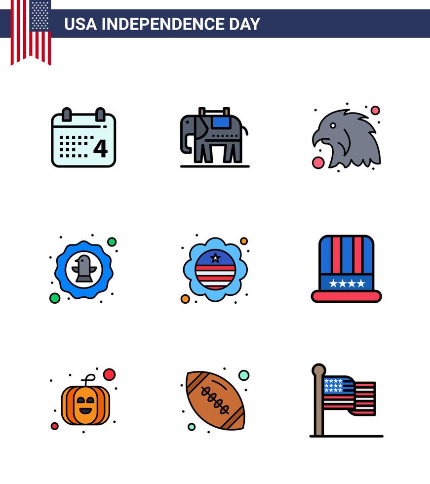 USA Independence Day Flat Filled Line Set of 9 USA Pictograms of international flag country bird badge celebration Editable USA Day Vector Design Elements