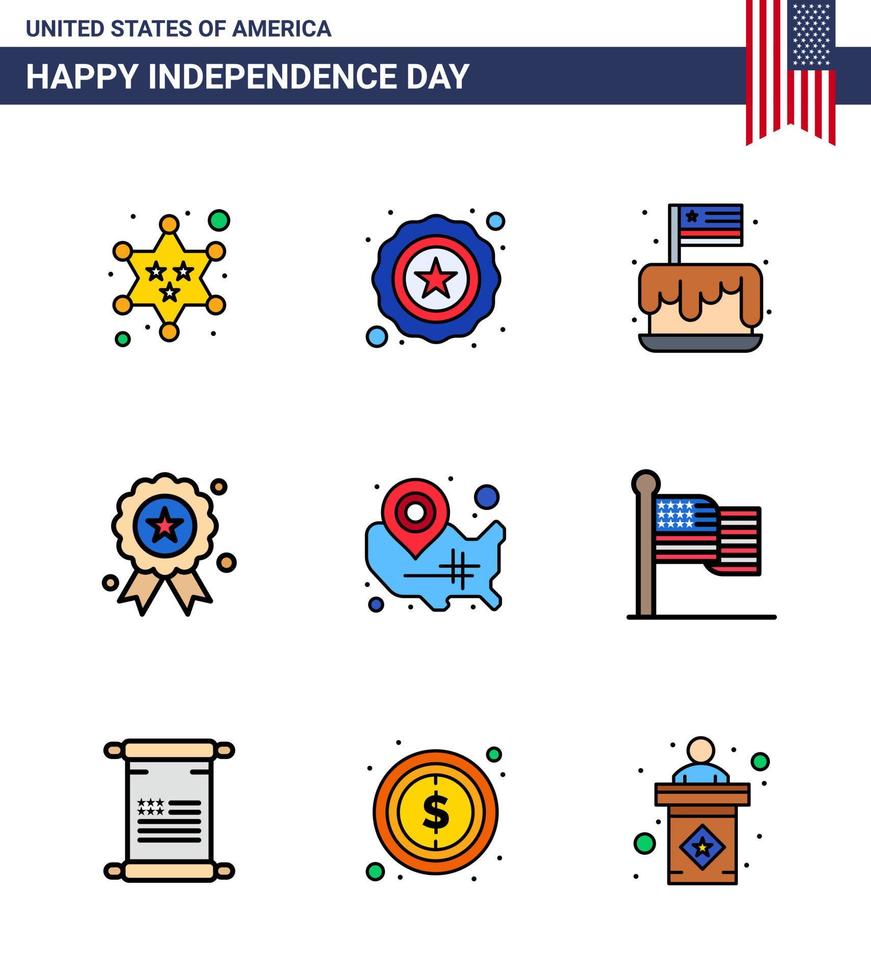 Happy Independence Day Pack of 9 Flat Filled Lines Signs and Symbols for states medal cake independence day holiday Editable USA Day Vector Design Elements