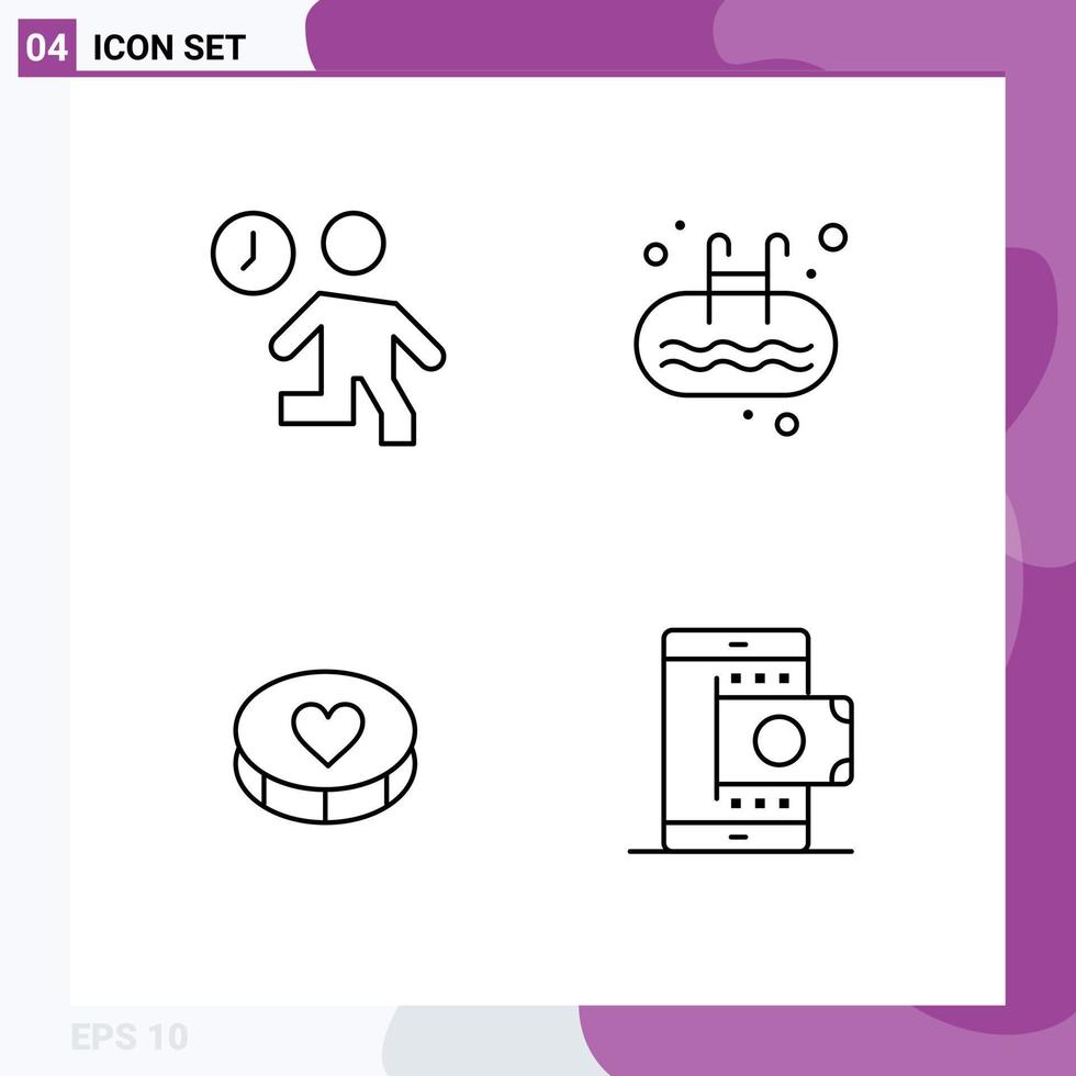 Mobile Interface Line Set of 4 Pictograms of clock swim people ladder heart Editable Vector Design Elements