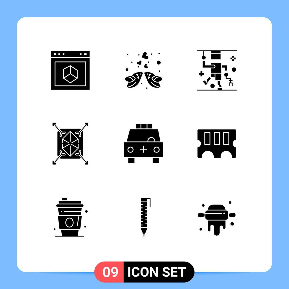 Universal Icon Symbols Group of 9 Modern Solid Glyphs of structure prototyping love object injury Editable Vector Design Elements