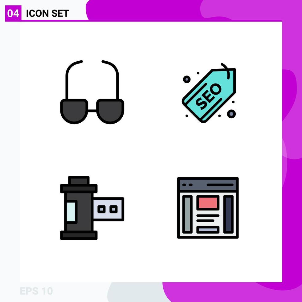 4 User Interface Filledline Flat Color Pack of modern Signs and Symbols of glasses photo web seo communication Editable Vector Design Elements