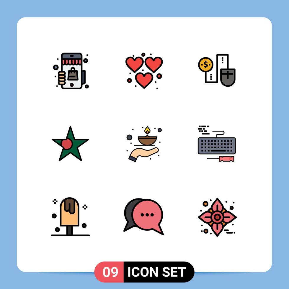 User Interface Pack of 9 Basic Filledline Flat Colors of fire star mouse flag connection Editable Vector Design Elements