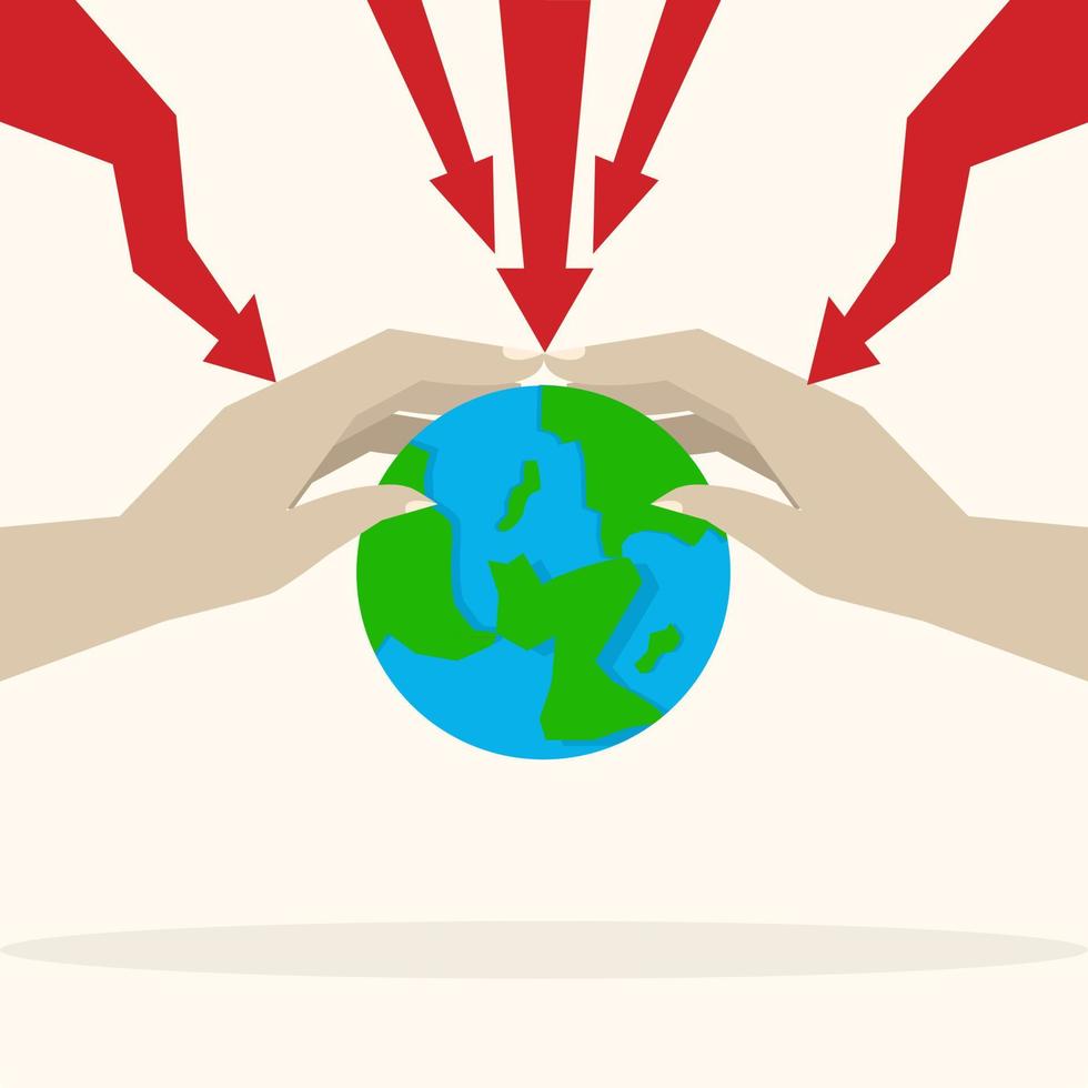 recession effect, big hand protecting planet earth from the effects of world recession, economic chaos, economic crisis. vector
