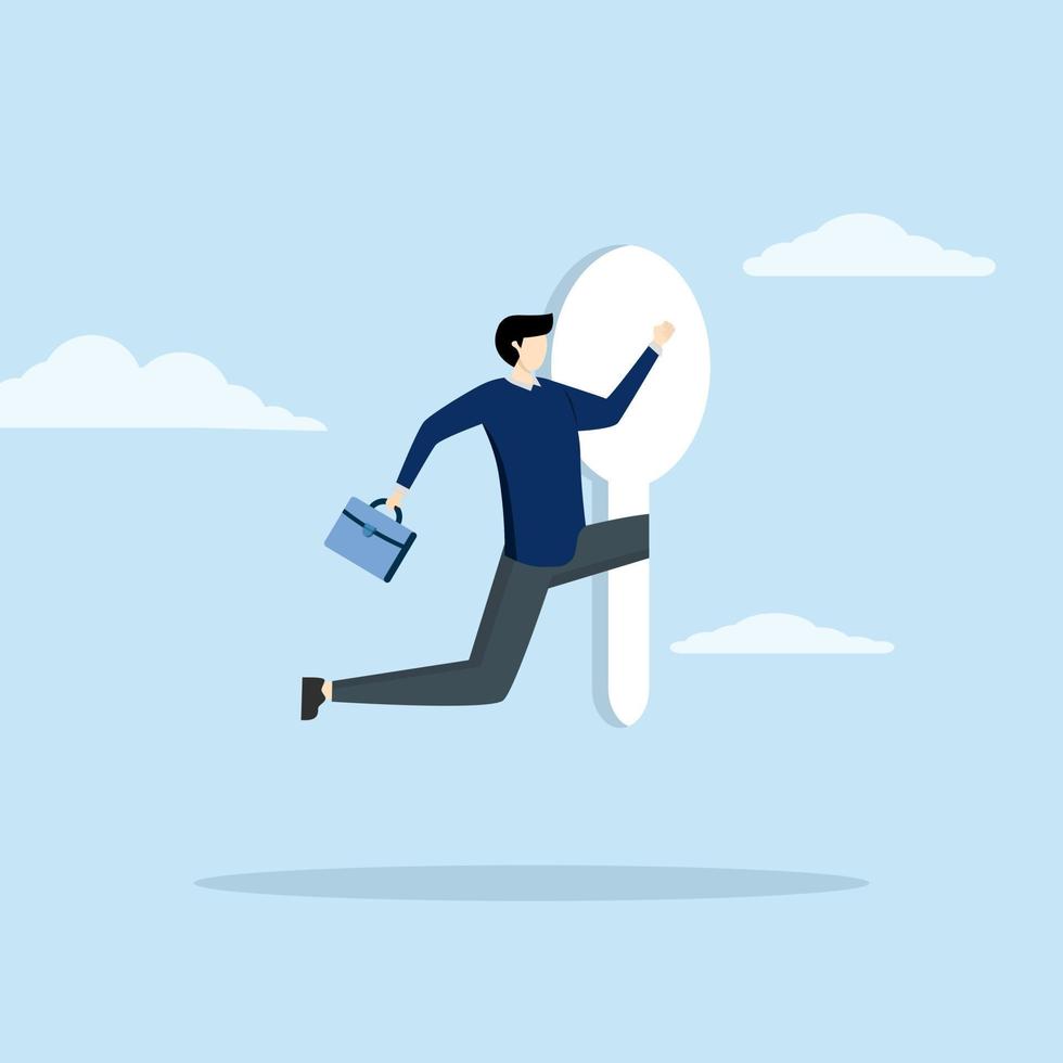 concept of business opportunities and challenges in the future. Entrance and exit. Businessman running to keyhole door in great wall, New opportunity vector illustration.