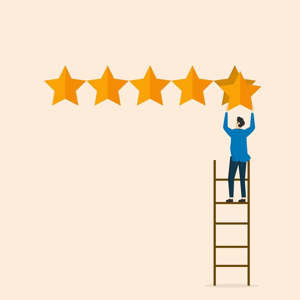 Businessmen holding 5 stars climb the ladder to get the best rating. customer feedback or credit score, 5 star rating review high quality and good business reputation, evaluation rating concept. vector