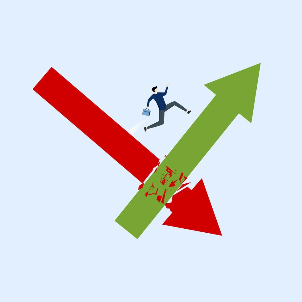 entrepreneur investor jumping from red arrow to green arrow up. stock market or crypto uncertainty, Economic improvement and investment or recovery from crisis, change from falling to rising concept. vector