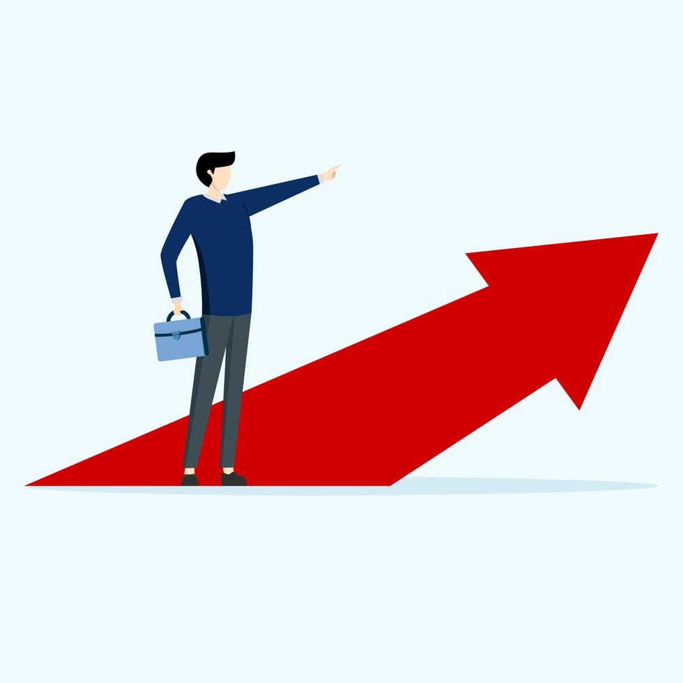 Businessman pointing direction for success. Manager Confidence. Leadership, leads to success or business vision concept. Businessman pointing forward and standing beside up arrow vector